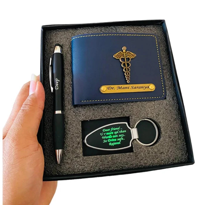 Customised men's wallet with led pen and Keychain combo